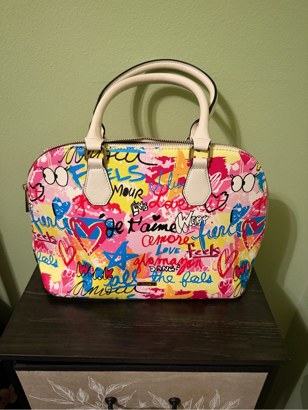 Aldo Multicolor Graffiti Print Satchel with White Handles